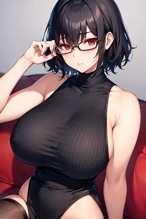 gigantic burest,milf,glassis,black hair,short hair,sleeveless turtleneck sweater, lingerie,living、sofa、solo,  red eyes,  high definition , masterpiece,  anatomically correct, accurate,  top quality,  very detailed ,  textured skin,  blush, 