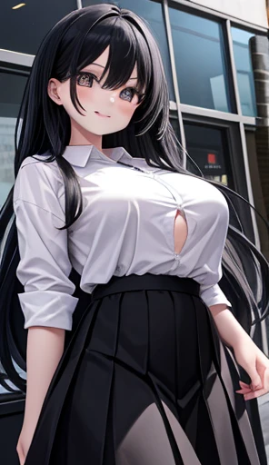  one girl 、smile、 amazing!　 shirt、 skirt 、 black hair long hair, big breasts、