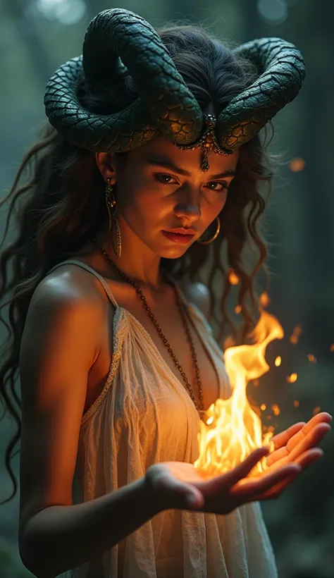 Beautiful Medusa looking sideways looking at the fire 