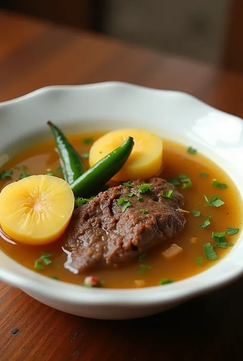 A bowl of mutton soup with two pieces of half cut potato and two pieces green chili on restaurant table and the soup was thin and clear. the bowl color was white and mutton meat piece show in the bowl and it was show as real click and top of click write "D...