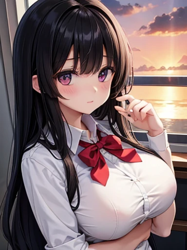  High School Girls ,School Uniform、 Sunset 、BIG FULL BREASTS Grab , dark-haired、 long hair、 black hair long hair, big breasts、