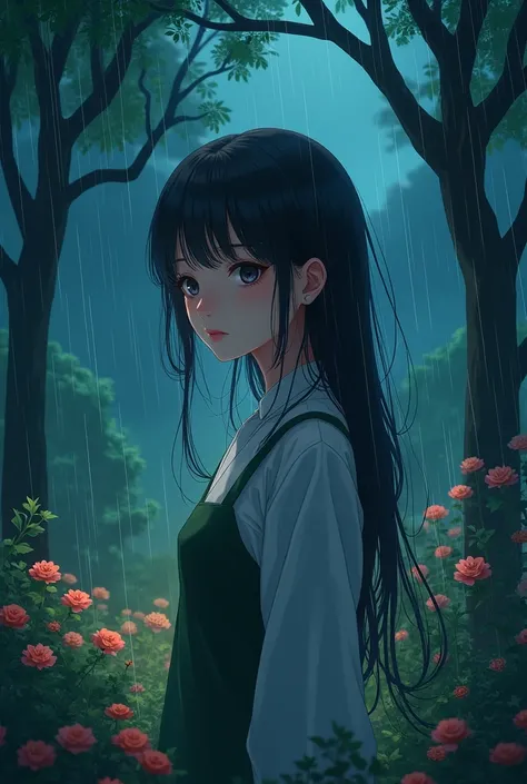 Anime Beauty　The weather is rainy at night and the location is a garden