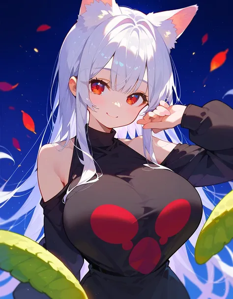 Animal Ear Girl,Silver-white hair, in red eyes ,cool,,funny,Long hair, Black Long Sleeve Shirt, with open shoulders, big breasts,Pure black shirt , innocent smile,cute