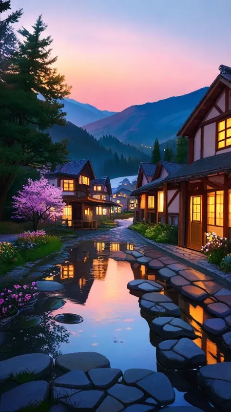 Small village by the river, mountains in the background, colorful pink flowers, detailed landscape, beautiful scenery, atmospheric lighting, scorching sunset, warm colors, practical, photography, detailed foliage, intricate buildings, cobblestone street, c...