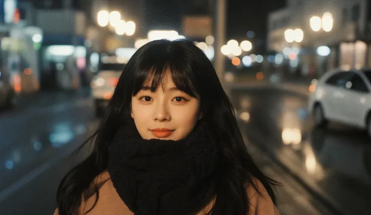 8k, masterpiece, (((pixel-perfect, detail-perfect, photo-perfect))), (solo:1.4), 1girl, smile, 8k, outside, christmas, christmas, night, standing, black hair, coat, realistic, city, dutch angle, japanese woman, 35 years old, scarf,portrait