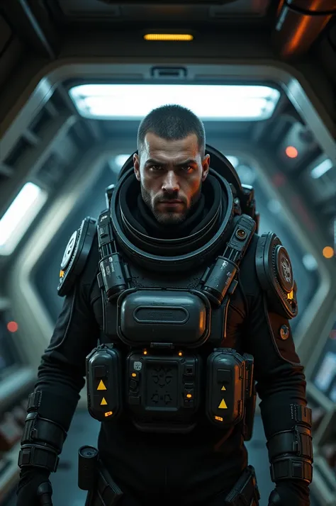 Dark buzz cut hair man in a spacesuit inside a elite dangerous space ship