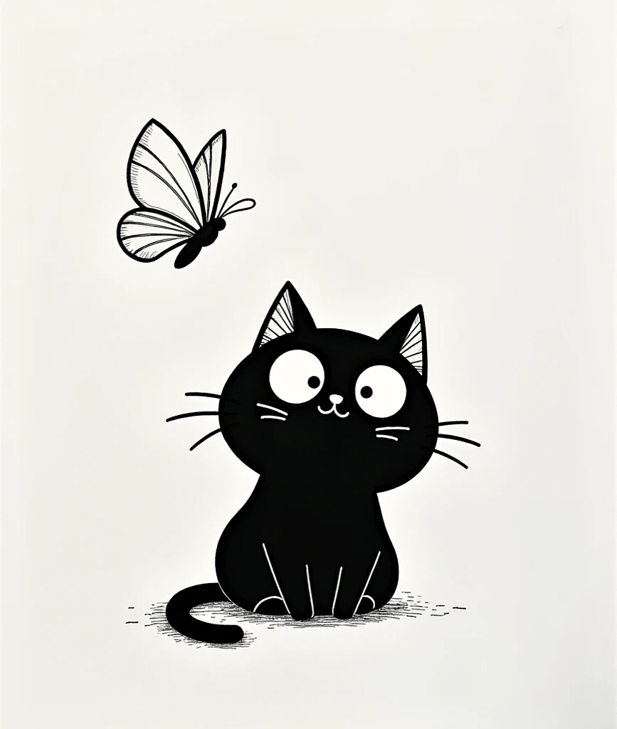 A small, black cartoon cat is depicted in a simple, black and white line drawing style. The cat is positioned slightly to the left of center in the image, sitting on a plain white background.  It has large, expressive eyes and a slightly surprised or inqui...