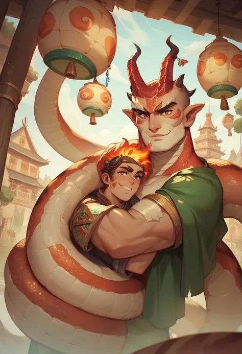  A shirtless Javanese swordsman with copper bracelets on his arm,  rode on a giant, shiny green-skinned dragon snake .  The snake had small horns and flaming red eyes ,  wrapped around a huge banyan tree , with the ancient village of Java in the distance .