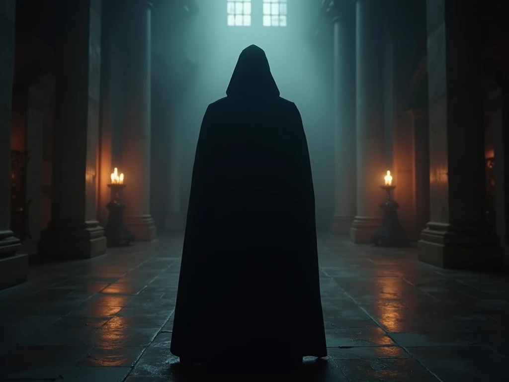 A highly contrasted, visually striking cover image for a mysterious video about the Black Pope and Vatican conspiracies. The scene features a dark and shadowy Vatican backdrop with sharp lighting contrasts. In the foreground, a hooded figure in black robes...