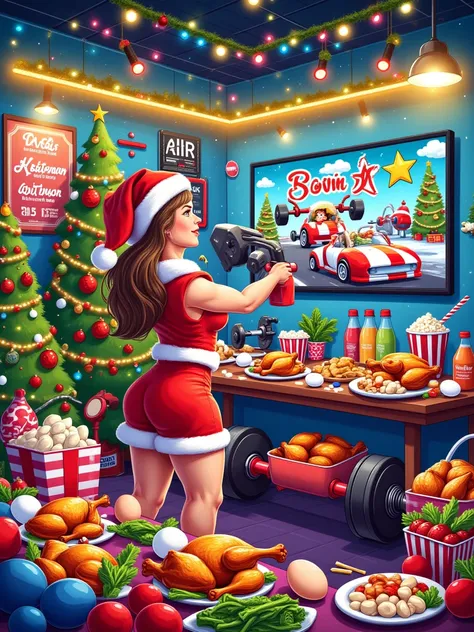 In a 3D cartoon game scene, a woman dressed in Christmas attire, with a slim figure, immerses herself in a fun filled game room, and the entire picture is full of vitality and excitement. The lights in the room are colorful, with a "2025" poster hanging on...