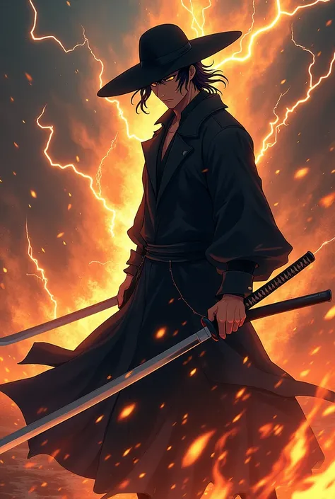 Gender : male 
Weapon :  A Katana
Powers effects : Thunder & Fire 
Clothing : black hat and plain black coat
Style : Anime 