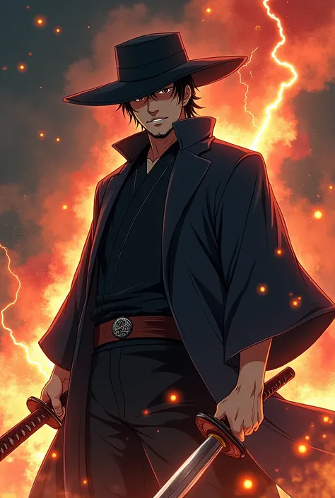 Gender : male 
Weapon :  A Katana
Powers effects : Thunder & Fire 
Clothing : black hat and plain black coat
Style : Anime 