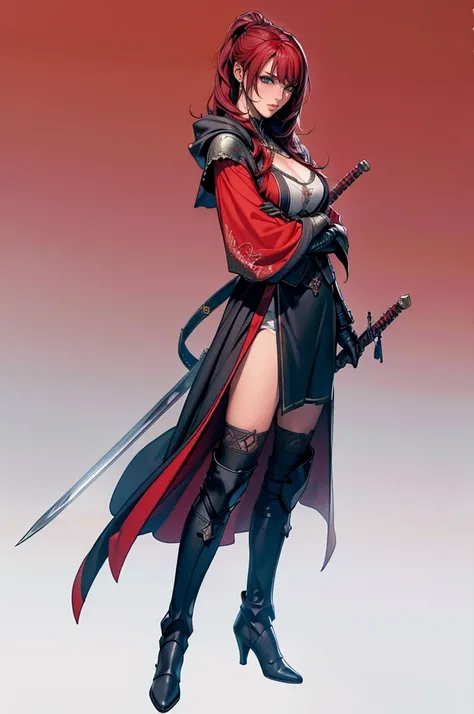 (  Masterpiece ),( top quality),( very detailed with crimson hair),( high definition ),8k, wallpaper, 1 girl, High Heel Boots , Black Boots ,armor,Warrior, is staring at me, sword,bangs,whole body, black hair,Robe