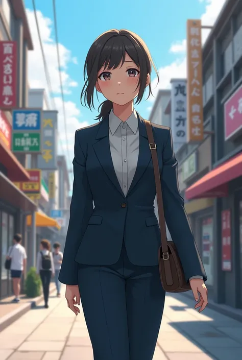 First 々 -looking Japanese 21-year-old female college student in a recruitment suit walking around town