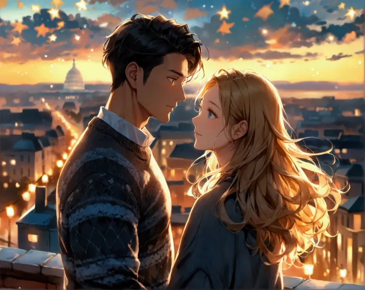 A full-body cinematic shot of an international couple standing on a rooftop and gazing the stars. The scene set against the breathtaking backdrop of Washington D.C. on a warm autumn night, with a sky ablaze with bright stars. The Asian man, with a round fa...