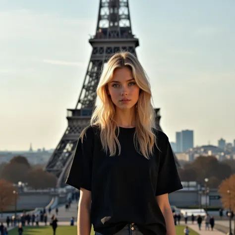 Beautiful blonde girl in a full-length black oversized t-shirt in a stylish pose against the Eiffel Tower in Paris 
