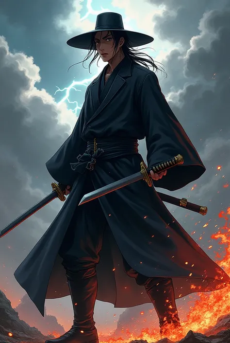 Gender : male. 
Weapon :  A Katana.
Powers effects : Thunder & Fire. 
Clothing : black hat and plain black coat.
Style : Anime .