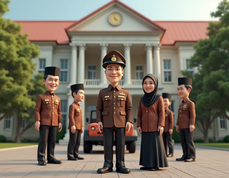 realistic 3d caricature image, in front of a classic but magnificent school, stands a middle-aged man who is a principal and wearing a brown uniform and hat, he is preparing to get on a Jeep. Standing next to his right is a middle-aged woman wearing a bati...