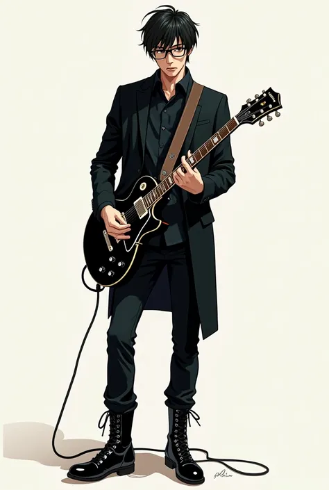 guitarist、Character portrait、 no background、 black hair、Short Hair、 Black-rimmed Glasses 、 black suit、 boots、 man、 illustrations