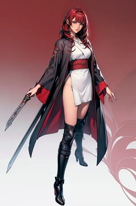 (  Masterpiece ),( top quality),( very detailed with crimson hair),( high definition ),8k, wallpaper, 1 girl, Japanese, High Heel Boots , Black Boots ,armor,Warrior, is staring at me, sword,bangs,whole body, black hair,Robe