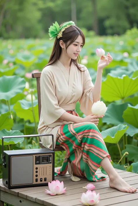 A serene scene featuring a young woman dressed in traditional Thai attire sitting gracefully on a wooden platform amidst a lush green field. She is adorned in a beige wrap top paired with a striped sarong in vibrant green and red tones. She holds a delicat...