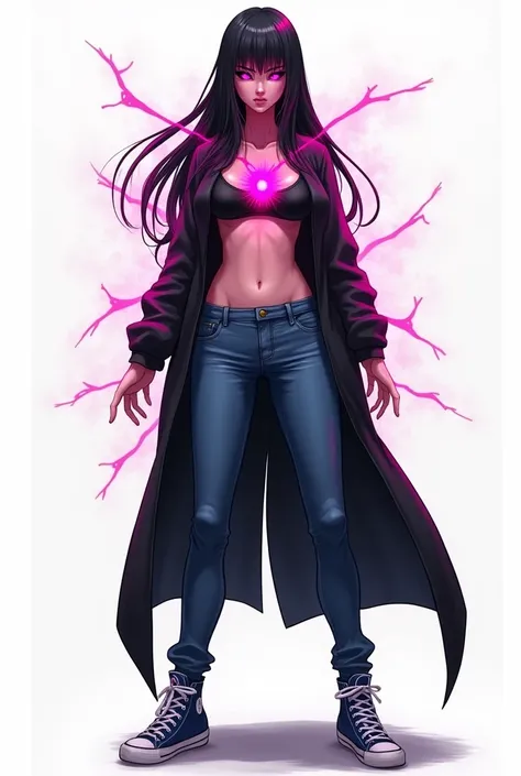 Shady all-black humanoid creature that looks like a young adult girl with long straight black hair, with bright pink empty eyes,without mouth,with black top bikini  ,black cover, blue dins pants ,blue sneakers, with a bright pink hole in the central chest ...