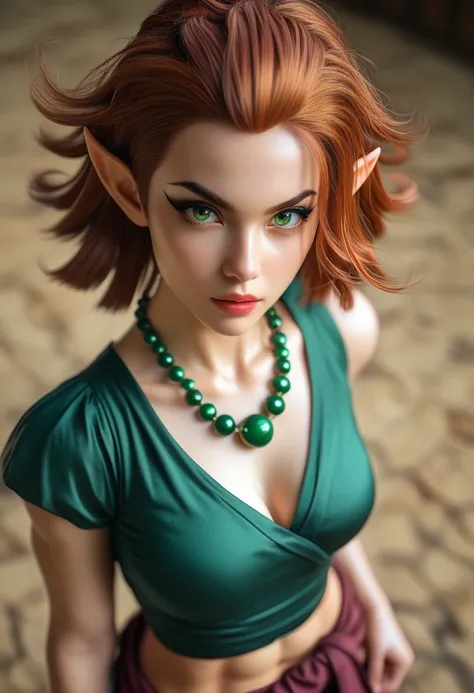 Beautiful elf female, photoreaistic, warrior monk, fair skin, (((medium copper hair))), green eyes, black eyeliner, ((medium breasts)), pointy ears, strong, fit. Wearing green chinese shirt. Japanese village background. Wearing Buddhist bead necklace. Kung...