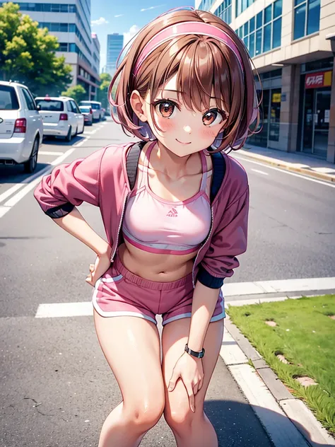 4K quality,cute,Brown Eyes, with brown hair,20-year-old female,solo, small breasts, pink sports bra, pink shorts,Put a pink hair band on your head, short hair,smile, Blurry Background,Office building district at noon,Hands on knees,