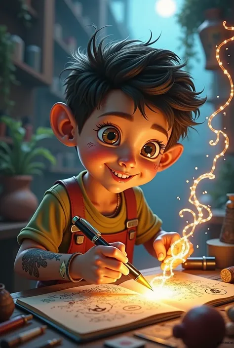 A  seven years old who looks very nice . the boy is a tattoo artist and his trademark is the magic pen . Stifft should have a magical effect

