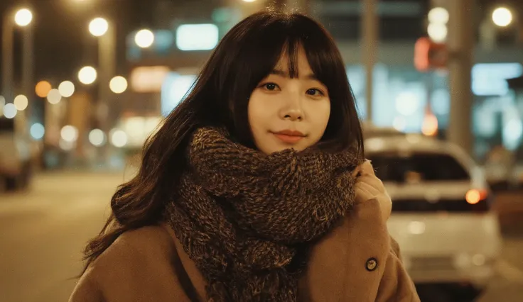 8k, masterpiece, (((pixel-perfect, detail-perfect, photo-perfect))), (solo:1.4), 1girl, smile, 8k, outside, christmas, christmas, night, standing, black hair, coat, realistic, city, dutch angle, japanese woman, 35 years old, scarf,portrait, smile