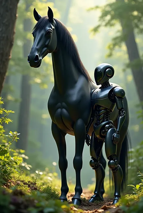 A black horse in a forest accompanied by a robot 