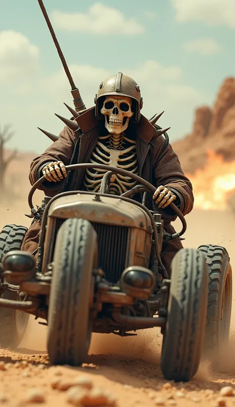 A skeleton in a tattered leather jacket and helmet races through a desolate, post-apocalyptic wasteland in a heavily modified vehicle. The skeleton grips the steering wheel with bony hands, its skull grinning with exhilaration as it speeds through a desert...