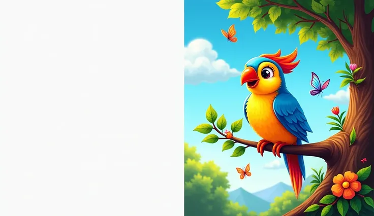 "Create a vibrant cartoon-style image divided into two sections:

Left Side (1/2 of the image): Leave this section blank for future customization.

Right Side (1/2 of the image): Depict a colorful bird (चिड़िया) perched on a tree branch. The bird is cheerf...