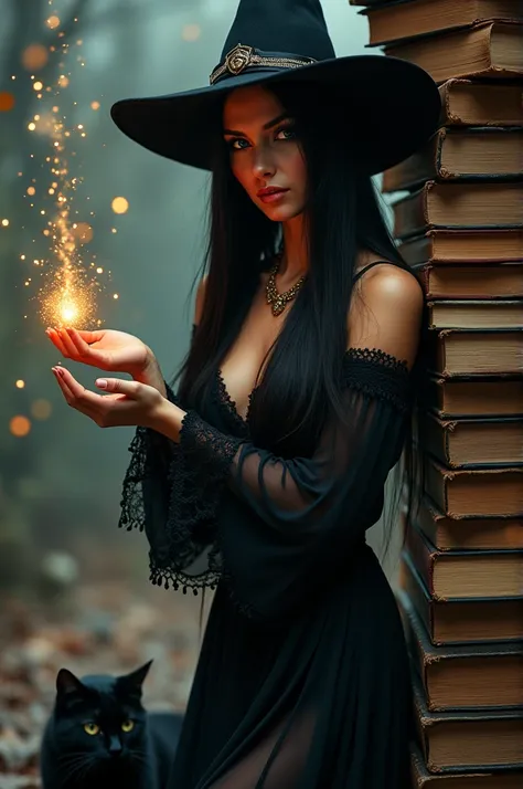  Make a witch Hecatina , dressed in black,  with a witchs hat , I want her beautiful, long straight black hair, Western features,  Blue Eyes,  fair skin ,  sensual without being vulgar ,  holding a wand from which magic-like fairy lights come out,  next to...