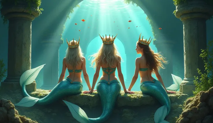 "Three regal mermaids with jeweled crowns and glowing tails, sitting on ancient stone ruins in a mystical underwater kingdom."