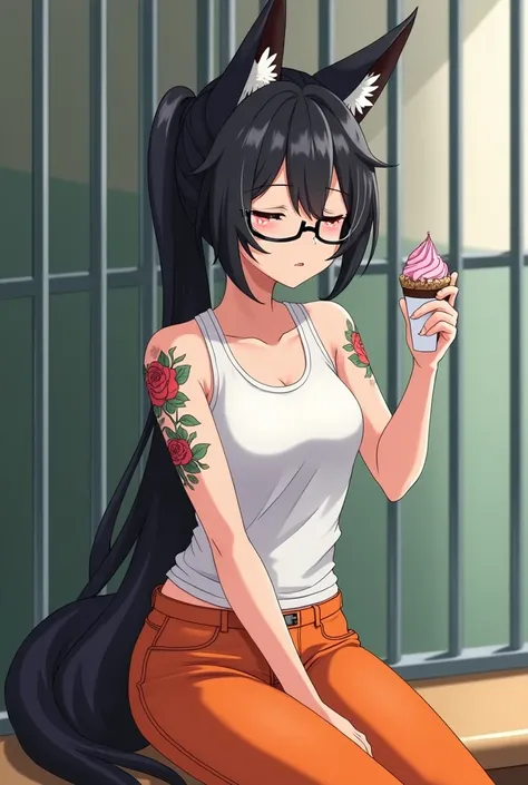 Adult prisoner fox female, black long ponytail hair, Black fox ears, Black fox tail, No human ears, Wear glasses and close her eyes, white tanktop, rose and lily tattoos on her arms, orange trousers, she eating ice cream cup in prison recreation, she felt ...