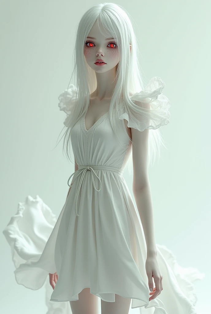 Girl, white hair, pale skin, red eyes, sharp teeth. Emotionless face, white silk dress, stockists, full height.