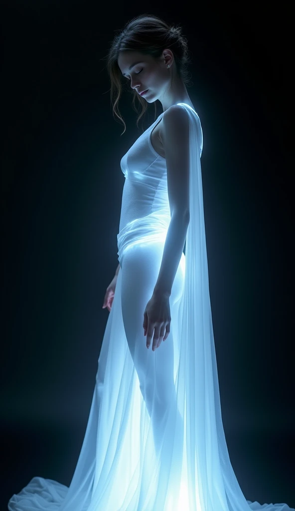 Woman in bright white neon hues, her feminine figure accentuated by white clothes, light envelops her figure, casting subtle highlights that seem to flow seamlessly into the deep dark black background, hands random pose, posing for an photoshoot.