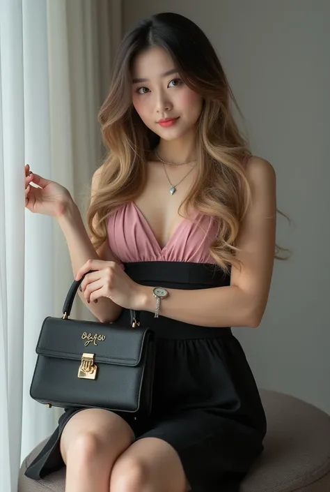 a korea woman has a beautiful oval face and ideal chubby body shape and big breast, long butterfly hair and blonde mixed white color. wearing a black mic Pink colour profesional strapped short gown outfit with a necklace and watch. Take a photo while hold ...