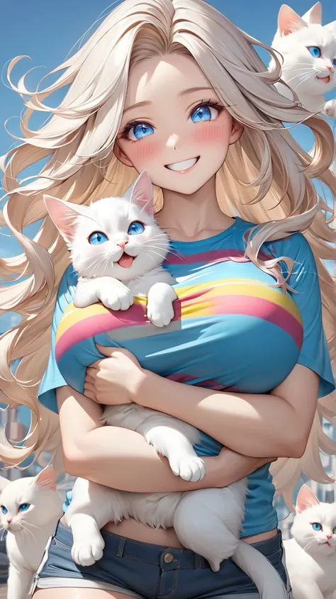 Ultra-realistic T-shirt , shorts,  Holding a white cat , long hair,  smiling face blue eyes , Big breasts,  Emphasizes the heady hairstyle/Hair, stripe dyeing,  Shiny Hair,  Bright Eyes ,  Strong emotion flashing in the eyes ,  Light Blush, 