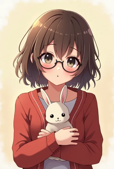 anime, women,  rabbit ,  easy brown hair ,  put on an easy red jacket shirt and put on, Black Eyes, and glasses 