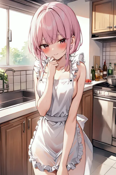  girl、 shy laugh 、 naked apron、see through、kitchen