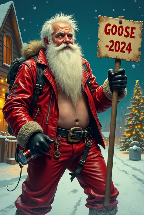 Santa Claus drunken rocker in drawing with Christmas background and holding a sign with the words gcose-2024