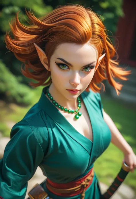 Beautiful elf female, photoreaistic, warrior monk, fair skin, (((medium copper hair))), green eyes, black eyeliner, ((medium breasts)), pointy ears, strong, fit. Wearing green chinese shirt. Japanese village background. Wearing Buddhist bead necklace. Kung...