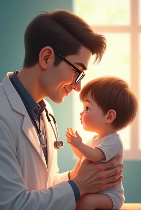 Médecin homme brun avec des lunettes occultant un enfant en mode mignon