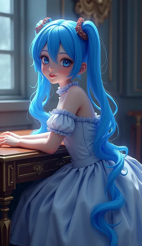 highly detailed, 8k, masterpiece, 1girl, Blue frilled_hair_tubes, dress, bend_over , smirk, (perfect_face), sitting, desk, ornate, intricate, dramatic lighting, 4k, detailed_background, caustics, full_body, (hyperrealistic:1.3), bloom,(beautiful lighting:1...