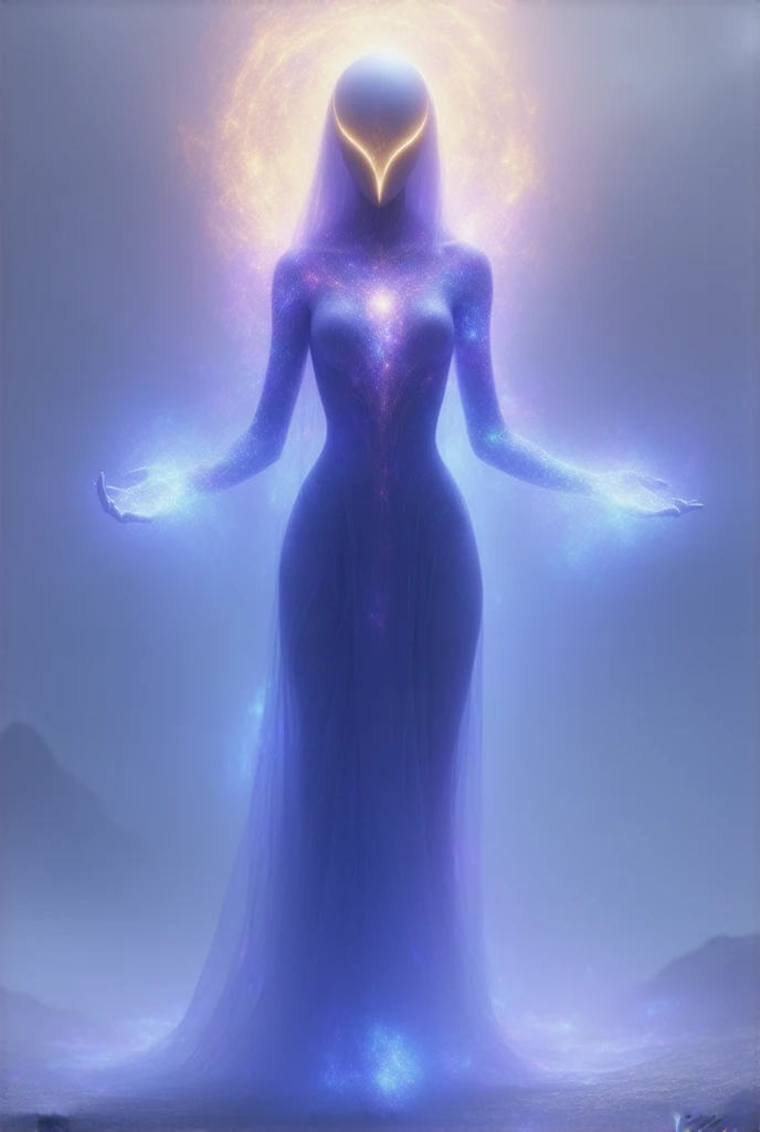 A towering Hathor alien with a humanoid appearance, glowing with radiant light, stands in a serene, otherworldly landscape. Their elongated head emits a faint golden aura as they channel energy through their hands, creating visible waves of harmonic sound ...