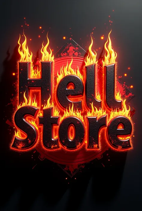 A 3D render of a "HELL STORE" logo with a fiery, grunge rock theme. The text is thick, modern, and shaped, with jagged edges and a 3D effect. The fire effect is red, orange, and gold, with flame-shaped lines extending from the text. The background is a ret...