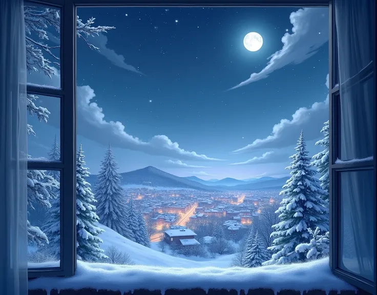  grass, fog, night, beautiful stars, clouds, full moon, night, 
view from the window to the snow polish city, Winter has come, snowfall, Frozen vegetation,  Snow is everywhere, magic atmosphere, The city in the snow, Ice snow, gloom, Darkness, Winter lands...