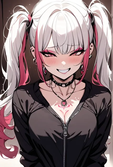 1girl, Holo-Punk Style, woman, masterpiece, white hair, best quality, indoors,shy, grin, messy twintails, makeup, dynamic pose, blush, black shirt, unzipped white sweater, blush, earrings, ruby necklace, breasts, lipstick, collarbone tattoo